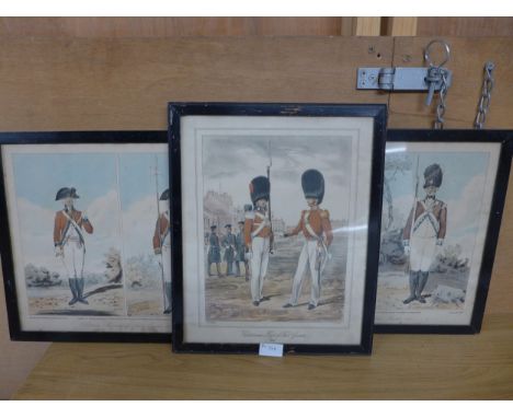 A PAIR OF 19TH CENTURY COLOURED PRINTS OF THE COLDSTREAM REGIMENT OF FOOT, 31X37CM, FURTHER SIMILAR PRINT 36X29CM (3) 