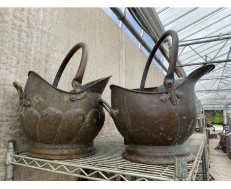 TWO VINTAGE COPPER AND BRASS COAL BUCKETS 