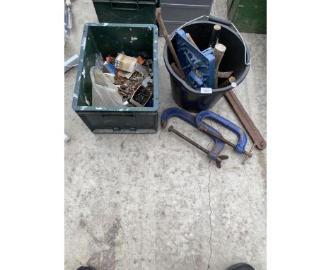 AN ASSORTMENT OF TOOLS AND HARDWARE TO INCLUDE CHISELS, G CLAMPS AND SCREWS ETC 
