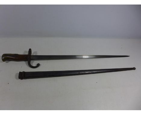 A FRENCH GRAS BAYONET AND SCABBARD DATED 1882, 52CM BLADE 