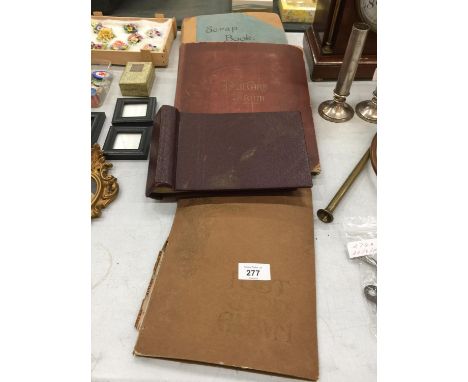 FOUR VINTAGE BOOKS TO INCLUDE A PHOTOGRAPH ALBUM WITH PHOTOS, A POSTCARD ALBUM, SCRAP BOOK AND BINDER 