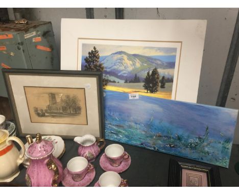 A LIMITED EDITION PRINT 29/275 'AUTUMN LIGHT' SIGNED GORDON DERBYSHIRE, AN OIL ON CANVAS OF A SEASCAPE PLUS A PRINT OF A CHUR