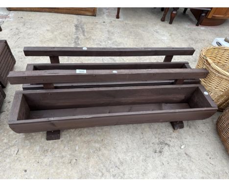 TWO WOODEN TROUGH PLANTERS WITH TRELIS BACKS 