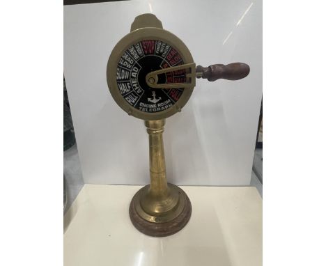 A VINTAGE STYLE BRASS ENGINE ROOM TELEGRAPH ON WOODEN STAND 