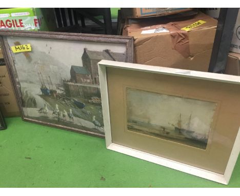 A WATERCOLOUR OF FISHING BOATS AND A PRINT 'MISTY MORNING POLPERRO', BOTH FRAMED 