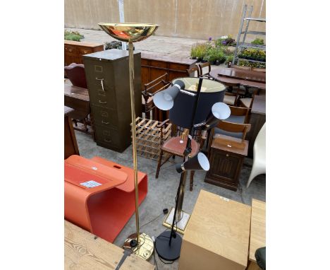 A MODERN BRASS AND STEEL STANDARD LAMP COMPLETE WITH SHADE, BRASS UP-LIGHTER AND READING LAMP 