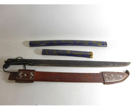 A MACHETE AND LEATHER SCABBARD, 56CM BLADE, LENGTH 72CM, TWO JAPANESE SCABBARDS (3) 