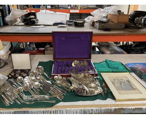 A LARGE QUANTITY OF FLATWARE TOGETHER WITH A FRAMED PRINT ENTITLED "LA MODE" AND A DRESS NECKLACE 