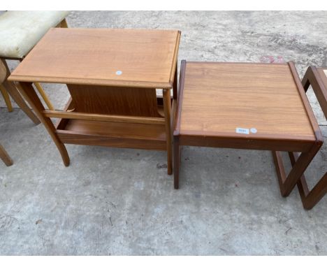 A RETRO TEAK LAMP TABLE AND TWO TIER MAGAZINE RACK/TABLE 