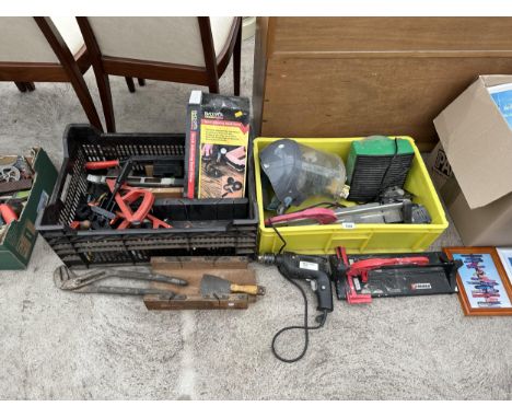 A LARGE ASSORTMENT OF TOOLS TO INCLUDE TILE CUTTERS, PLIERS AND WOOD JIGS ETC 