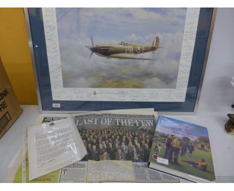 A RARE AND UNIQUE BATTLE OF BRITAIN COLOUR PRINT OF "LONE PATROL". THE IMAGE OF A SPITFIRE IS SIGNED BY 109 FORMER BATTLE OF 