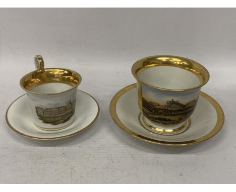 TWO CONTINENTAL HAND PAINTED PORCELAIN CUPS AND SAUCERS, BOTH WITH BLUE CONTINENTAL MARKS TO BASE 