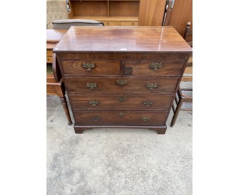 A 19TH CENTURY MAHOGANY CHEST OF TWO SHORT AND THREE LONG DRAWERS ON BRACKET FEET, 39" WIDE 