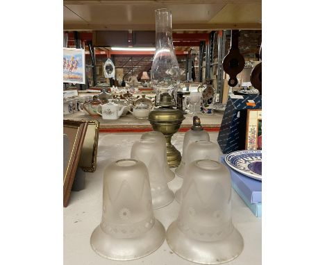 SIX SMALL VINTAGE FROSTED GLASS LAMP SHADES PLUS A VINTAGE BRASS OIL LAMP 