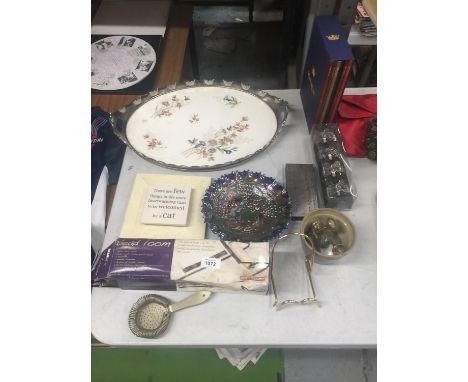 A LARGE TRAY WITH CERAMIC INNER AND SILVER PLATED EDGING, A BEAD LOOM, SET OF MONARCHS BOOKS, CRIBBAGE BOARD, CARNIVAL GLASS 