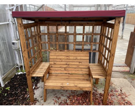 AN AS NEW EX DISPLAY CHARLES TAYLOR PATIO FURNITURE SET COMPRISING OF TA GARDEN ARBOUR WITH CANOPY, TRELLIS SIDES AND BACK, A