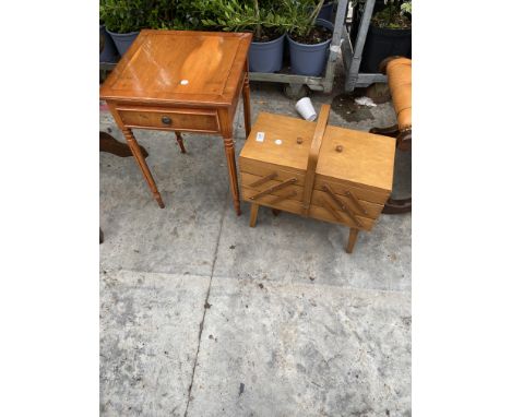 A YEW WOOD LAMP TABLE WITH SINGLE DRAWER AND FIVE DIVISION CANTILEVER SEWING BOX 