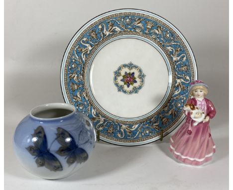 THREE ITEMS - WEDGWOOD BLUE FLORENTINE VINTAGE PLATE, ROYAL COPENHAGEN BUTTERFLY VASE AND ROYAL DOULTON 'MY FIRST FIGURINE' H