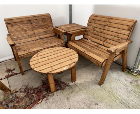 AN AS NEW EX DISPLAY CHARLES TAYLOR PATIO FURNITURE SET COMPRISING OF TWO TWO SEATER BENCHES AND TWO SIDE TABLES (ONE SQUARE,