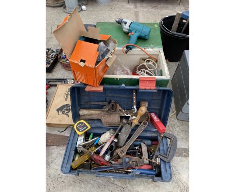 TWO TOOL BOXES CONTAINING VARIOUS TOOLS TO INCLUDE STILSENS, PLIERS AND A HAMMER ETC 