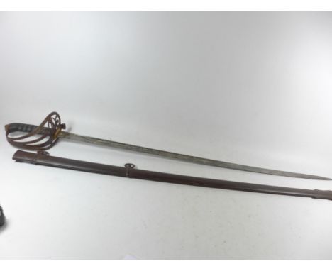 A QUEEN VICTORIA 1827 PATTERN STAFFORDSHIRE LIGHT INFANTRY OFFICERS SWORD AND SCABBARD, 82CM BLADE WITH ACID ETCHED DECORATIO