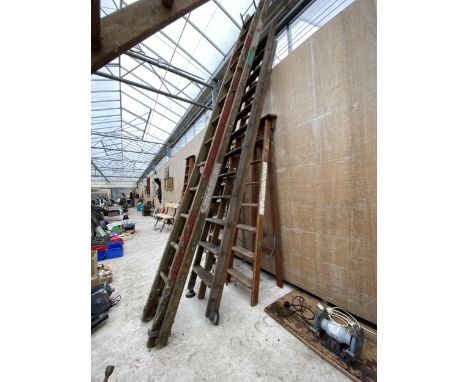 THREE VARIOUS VINTAGE WOODEN LADDERS TO INCLUDE A 7 RUNG WOODEN STEP LADDER 