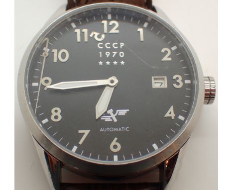 CCCP REPLICA modern gents steel cased automatic wristwatch with Arabic chapters against a black dial with date aperture on a 