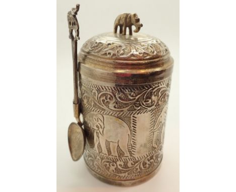 White metal Indian tea caddy with tea and spoon 