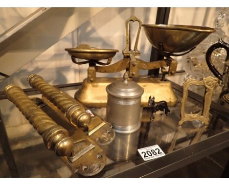 Box of brassware including Victorian sweet scales Art Nouveau picture frame and a pair of brass Art Nouveau barleytwist door 