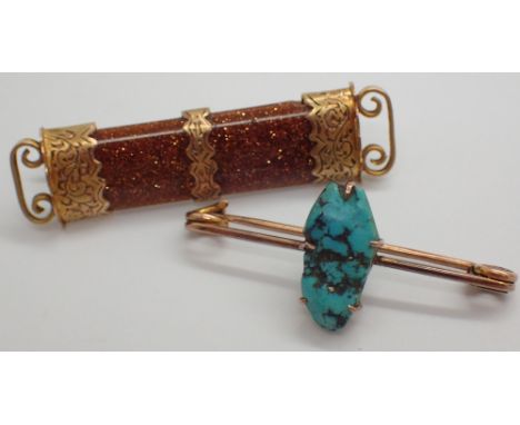 Two vintage 9ct gold brooches the first set with turquoise the second with goldstone