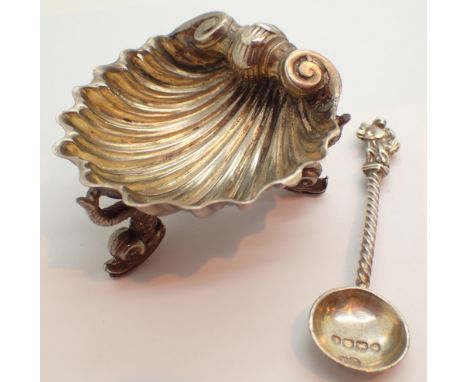 Hallmarked silver shell open salt with figural feet and spoon