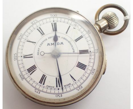 Amida white metal crown wind centre seconds chronograph pocket watch A/F  CONDITION REPORT: Not running at lotting.