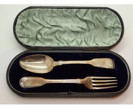 Cased Victorian hallmarked silver spoon and fork 