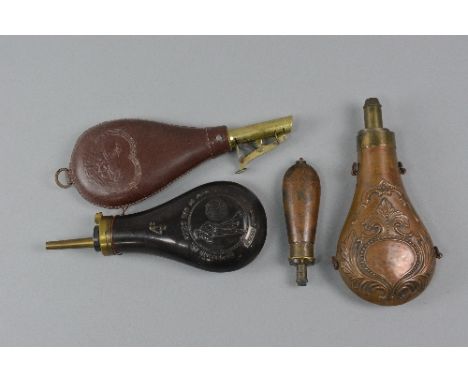 THREE BRASS POWDER FLASKS, all believed to be reproduction, the pistol flask is marked Sykes, together with a leather shot fl