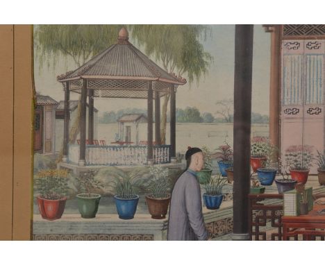 MID/LATE 19TH CENTURY ANGLO CHINESE SCHOOL, Scholar seated at a table in the shade with a servant nearby, the companion study