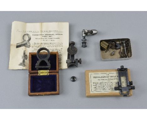 A 'PEDDIE-PARKER' RIFLE SIGHT FOR THE .303 'LONG LEE RIFLE', a small tin of gun screws etc, plus a Parker Hale 'Universal Opt