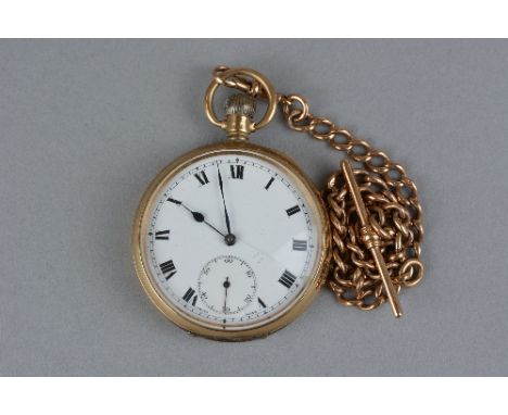 AN EARLY 20TH CENTURY 9CT GOLD POCKET WATCH, white enamel dial with black Roman numerals, blue steeled hands and seconds swee