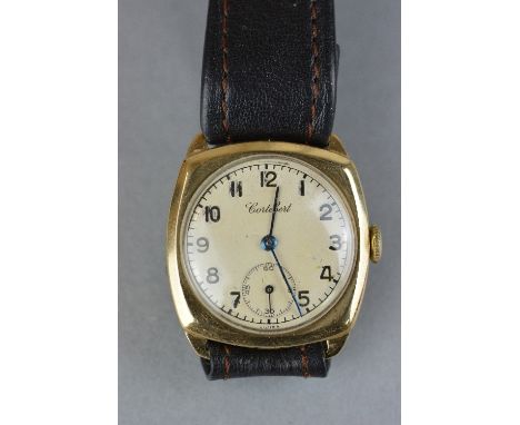 AN EARLY 20TH CENTURY GENTS 9CT GOLD WRISTWATCH, dial signed Cortebert, second sweep subsidiary dial at 6 o'clock position, c