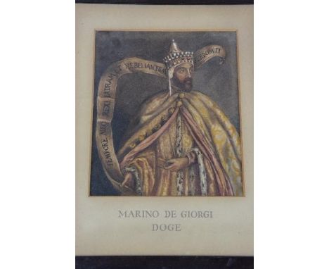 19TH CENTURY CONTINENTAL SCHOOL, 'Marino De Giorgi Doge' portrait of a medieval Doge holding ribbon of latin text, watercolou