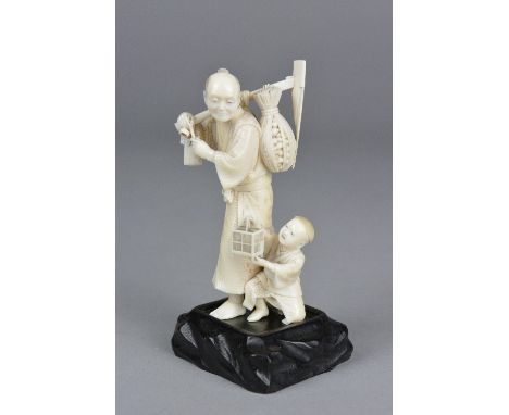 A LATE 19TH CENTURY JAPANESE TOKYO SCHOOL IVORY OKIMONO OF A FARMER, carrying tools over his shoulder, a child at his feet wi