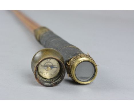 A MID 19TH CENTURY METAMORPHIC WALKING STICK, horn mounted cover fitted with a compass over a two drawer telescope with shagr