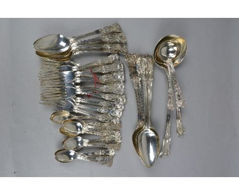 A MATCHED 19TH AND 20TH CENTURY SILVER PART CANTEEN OF KINGS PATTERN CUTLERY, comprising a soup ladle, Thomas Smily, London 1