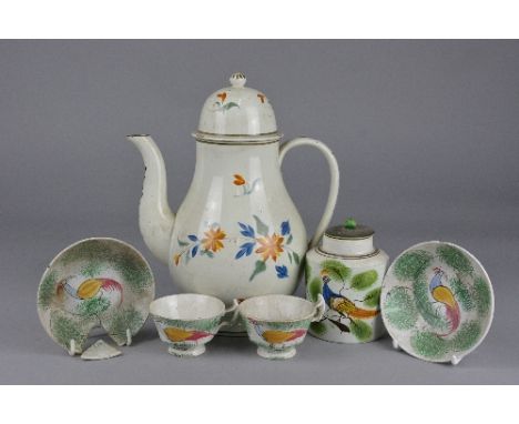 A LATE 18TH CENTURY PEARLWARE COFFEE POT, with domed cover, painted with yellow/orange flowers and blue/green foliage, height