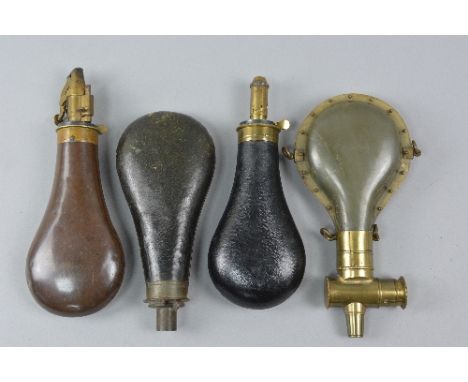 FOUR POWDER FLASKS, the first has a horn body and is believed to be French, (see item 1117 on page 397 of R. Rilings book 'Th