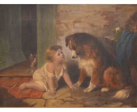 ENGLISH SCHOOL, 19th Century, young child outside a cottage door, large dog seated nearby and a cat looking on and the pair o