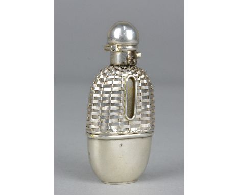 A LATE VICTORIAN SILVER AND GLASS HIP FLASK, domed hinged cover and collar, basket weave design over shoulders bearing Patent