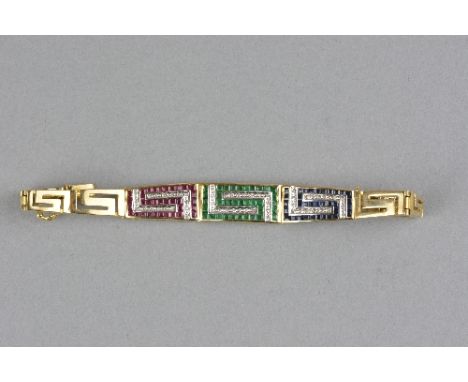 A LATE 20TH CENTURY SAPPHIRE, DIAMOND, EMERALD AND RUBY PANEL LINK BRACELET, graduating Greek Key panel links, bracelet only 