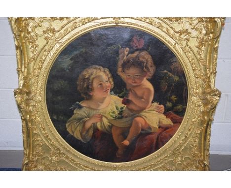 MANNER OF EDOUARD MAGNUS (GERMAN 1799-1872), two children playing with flowers, oil on canvas framed as tondo, bears inked at