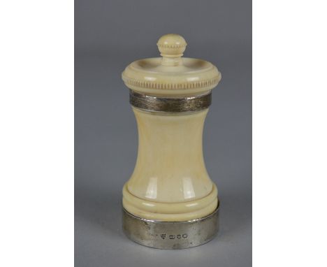 A LATE VICTORIAN IVORY AND SILVER MOUNTED PEPPERMILL, makers Haseler Brothers (Edward John Haseler & Noble Haseler), Birmingh