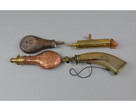 FOUR POWDER FLASKS, the first has a graduated swivel top and bone body, the second is a modern flask marked International Muz